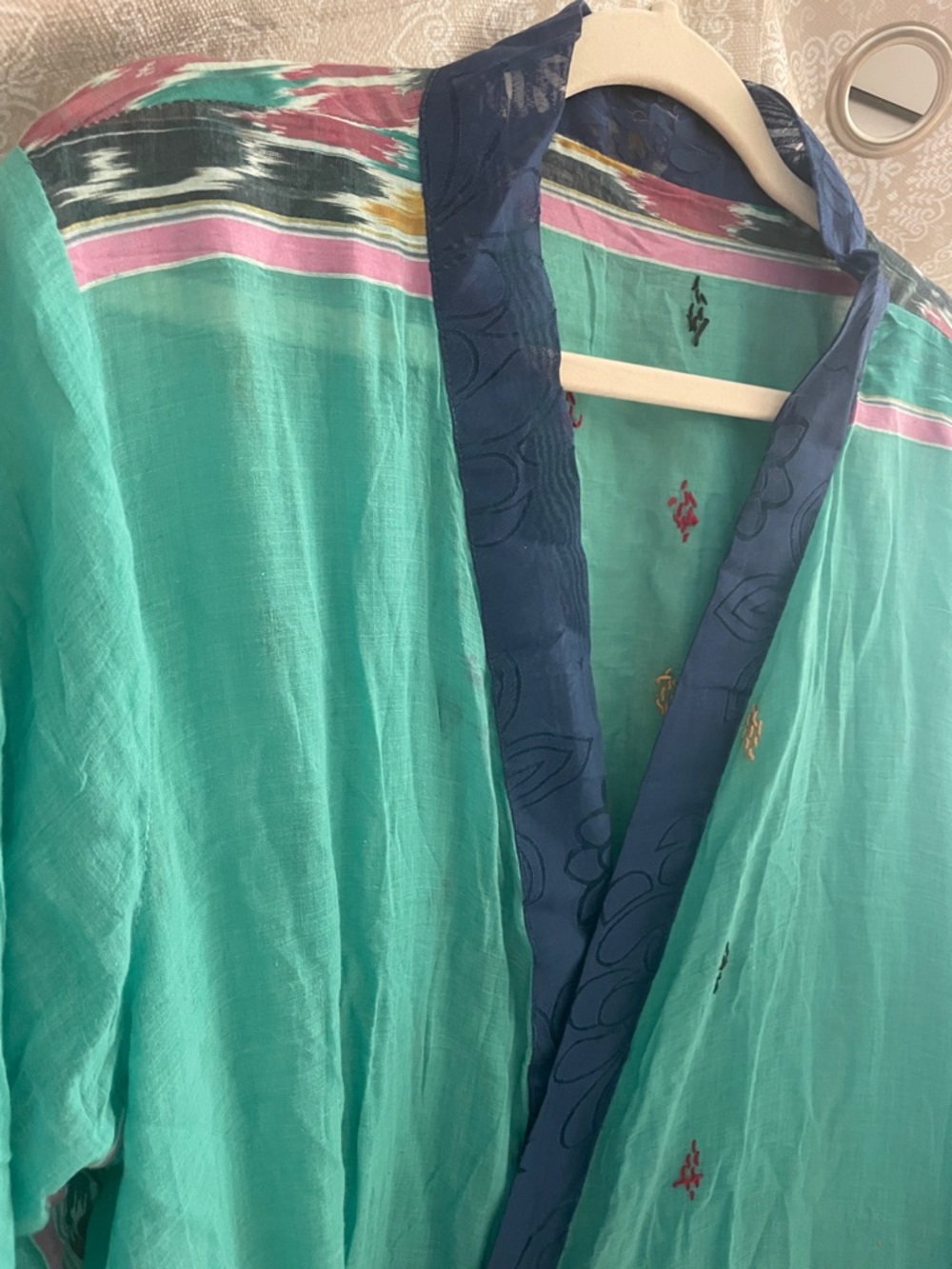 Teal Kimono with Navy Trim with Pockets<3 - Picture 7 of 8